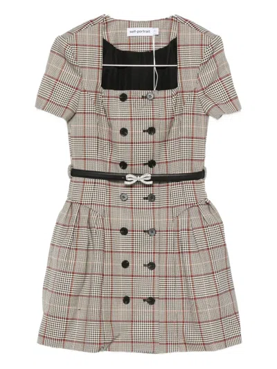 Self-portrait Womens Brown Check-print Square-neck Wool-blend Mini Dress In Neutral