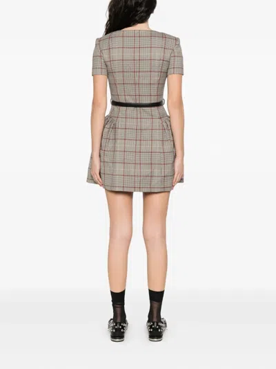 Self-portrait Womens Brown Check-print Square-neck Wool-blend Mini Dress In Neutral