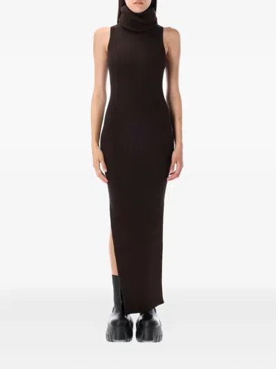 Rick Owens Ankle Length Ribbed Turtleneck Dress In Black
