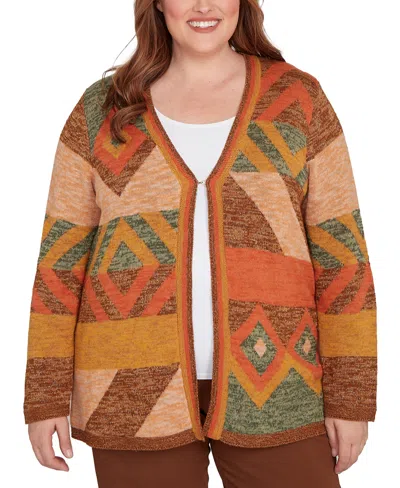 Alfred Dunner Plus Size Mount Laurel Patchwork Long Sleeve Cardigan Sweater In Multi