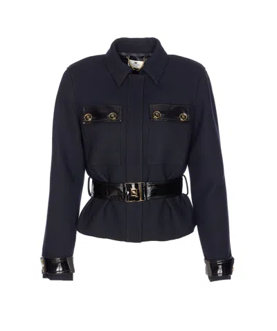 Elisabetta Franchi Belted Jacket Logo Buttons In Blue