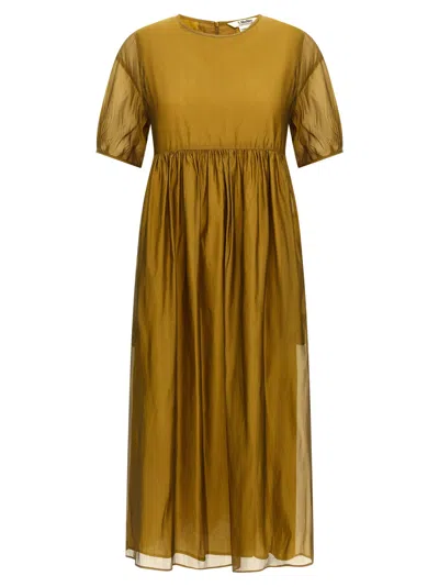 Max Mara Sheer Overlay Gathered Waist Dress In Yellow