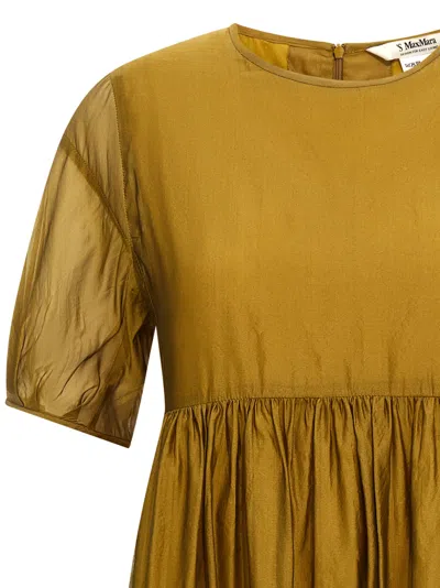Max Mara Sheer Overlay Gathered Waist Dress In Yellow