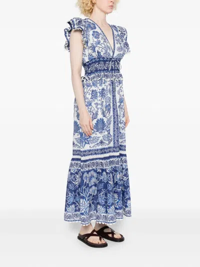 Farm Rio Shell Garden Cotton Ruffle Maxi Dress In Blue