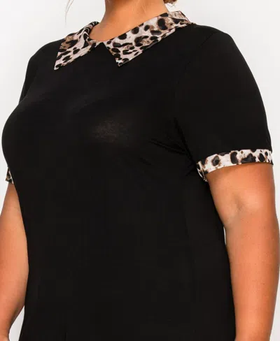 Coin 1804 Plus Size Leopard Print Mesh Collar Keyhole Back Short Sleeve Top In Black