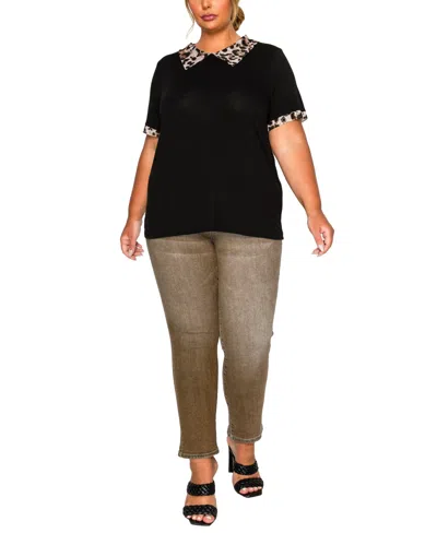 Coin 1804 Plus Size Leopard Print Mesh Collar Keyhole Back Short Sleeve Top In Black