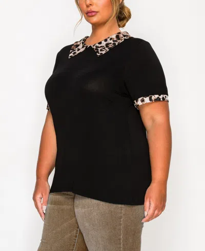 Coin 1804 Plus Size Leopard Print Mesh Collar Keyhole Back Short Sleeve Top In Black