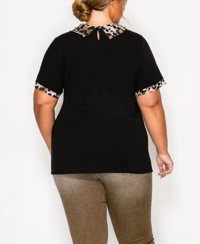 Coin 1804 Plus Size Leopard Print Mesh Collar Keyhole Back Short Sleeve Top In Black