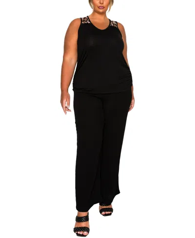 Coin 1804 Plus Size Leopard Print Mesh Yoke Inset Side Ruched Tank Top In Black