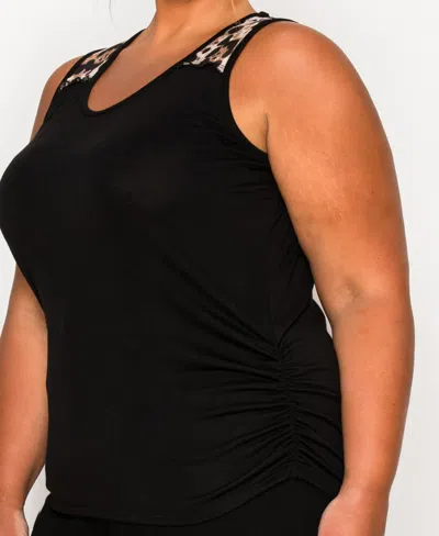 Coin 1804 Plus Size Leopard Print Mesh Yoke Inset Side Ruched Tank Top In Black