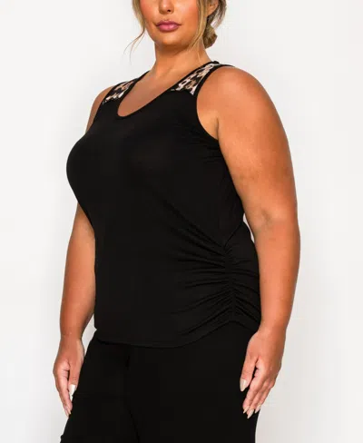 Coin 1804 Plus Size Leopard Print Mesh Yoke Inset Side Ruched Tank Top In Black