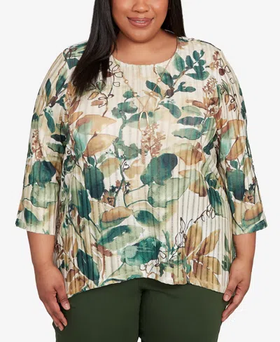 Alfred Dunner Plus Size Mount Laurel Abstract Leaf Sharkbite Hem Pull On Top With Necklace In Multi