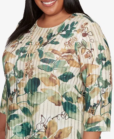 Alfred Dunner Plus Size Mount Laurel Abstract Leaf Sharkbite Hem Pull On Top With Necklace In Multi