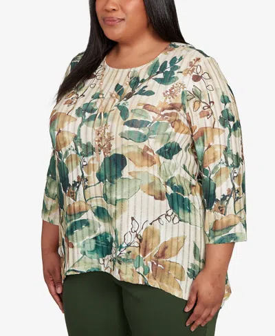 Alfred Dunner Plus Size Mount Laurel Abstract Leaf Sharkbite Hem Pull On Top With Necklace In Multi