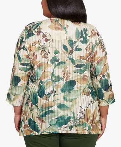 Alfred Dunner Plus Size Mount Laurel Abstract Leaf Sharkbite Hem Pull On Top With Necklace In Multi