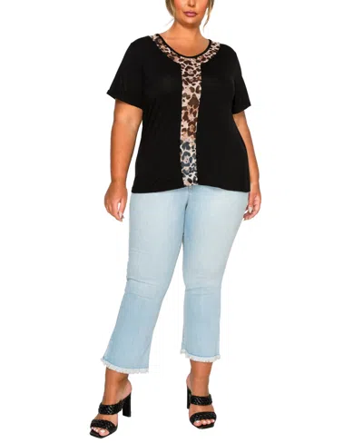 Coin 1804 Plus Size Leopard Print Mesh Inset Short Sleeve Top In Black