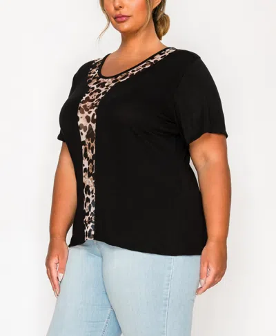 Coin 1804 Plus Size Leopard Print Mesh Inset Short Sleeve Top In Black