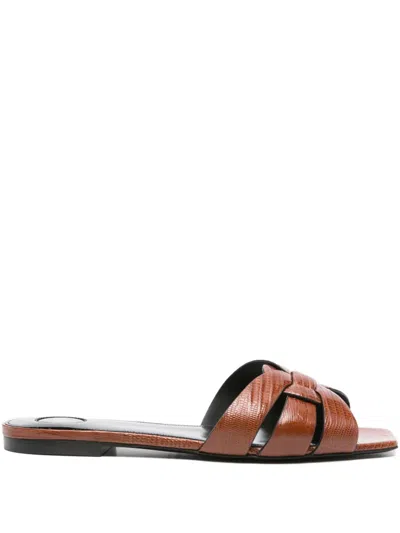 Saint Laurent Tribute Woven Tortoise Shell Slide Sandals In Brown