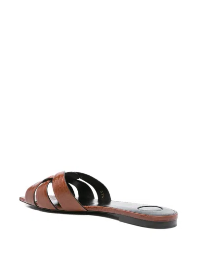 Saint Laurent Tribute Woven Tortoise Shell Slide Sandals In Brown