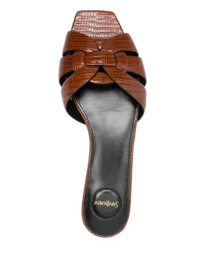 Saint Laurent Tribute Woven Tortoise Shell Slide Sandals In Brown