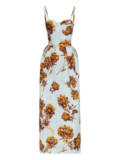 Oscar De La Renta Tonal Peony Print Faille Bustier Gown In Blue