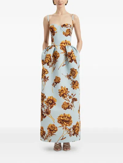 Oscar De La Renta Tonal Peony Print Faille Bustier Gown In Blue