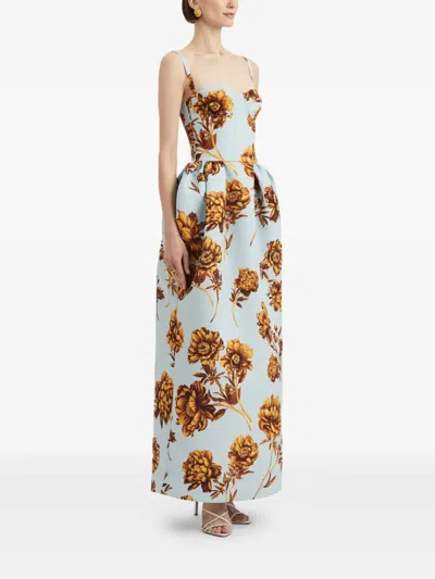 Oscar De La Renta Tonal Peony Print Faille Bustier Gown In Blue