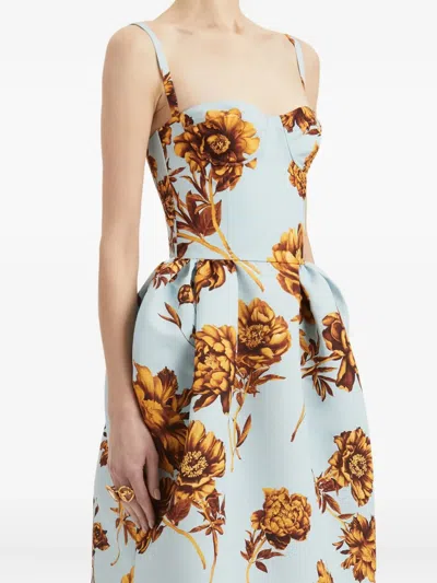 Oscar De La Renta Tonal Peony Print Faille Bustier Gown In Blue
