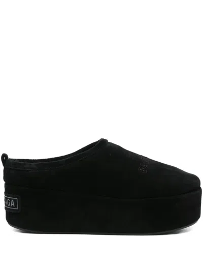 Balenciaga Suede Mules With Rounded Toe And Elevated Platform Sole In Black