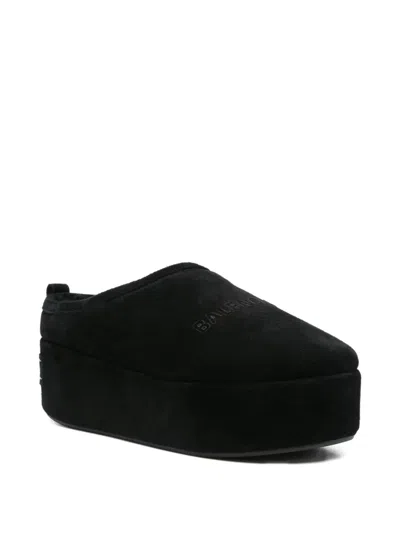 Balenciaga Suede Mules With Rounded Toe And Elevated Platform Sole In Black
