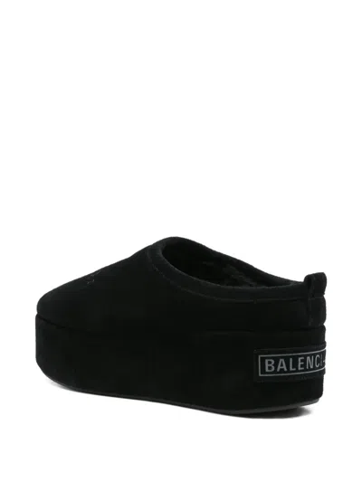 Balenciaga Suede Mules With Rounded Toe And Elevated Platform Sole In Black