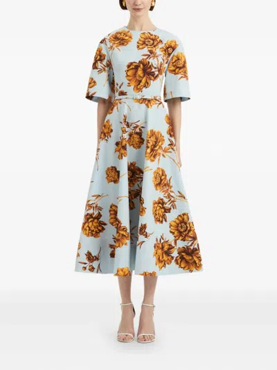 Oscar De La Renta Tonal Peony Print Stretch Poplin Belted Dress In Blue