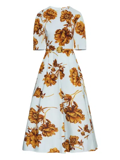 Oscar De La Renta Tonal Peony Print Stretch Poplin Belted Dress In Blue