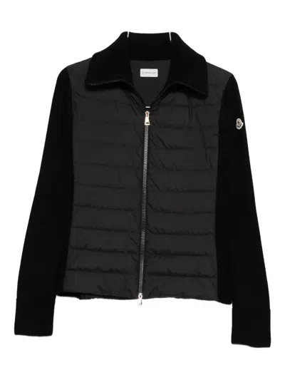 Moncler Two-material Cardigan With Goose Down Padding And High Neck In Black
