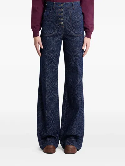 Etro Flared Jacquard Denim Jeans With Pegaso Buttons In Blue