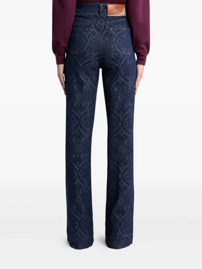 Etro Flared Jacquard Denim Jeans With Pegaso Buttons In Blue