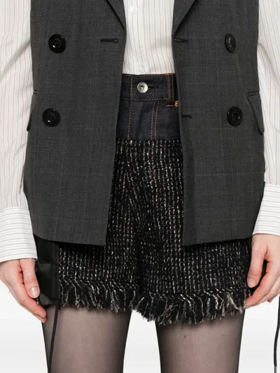 Sacai Fringed Tweed Denim Shorts In Black