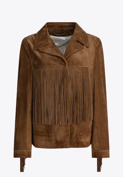 Golden Goose Db Suede Jacket With Fringes In Brown