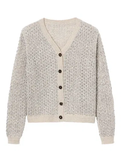 Lafayette 148 Linen Silk Metallic Button V Neck Cardigan In Gray