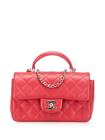 Pre-owned Chanel 2021-2025 Mini Rectangular Lambskin Top Handle Single Flap Satchel In Red