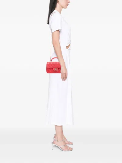 Pre-owned Chanel 2021-2025 Mini Rectangular Lambskin Top Handle Single Flap Satchel In Red