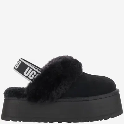 Ugg Black Leather Clog With Faux Fur And Elastic Back  In Black