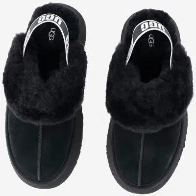 Ugg Black Leather Clog With Faux Fur And Elastic Back  In Black