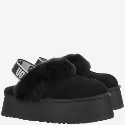 Ugg Black Leather Clog With Faux Fur And Elastic Back  In Black
