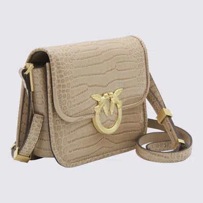 Pinko Beige Leather Crossbody Bag In Sand