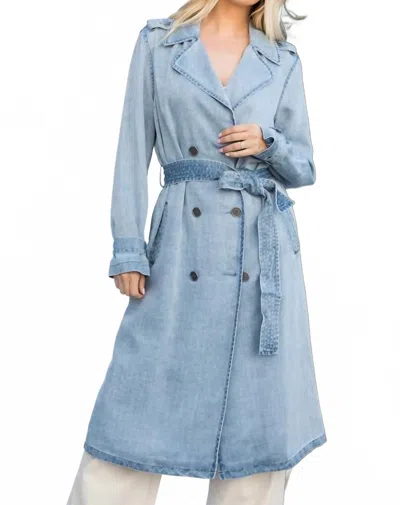 Davi & Dani Tencel Denim Garment Washed Trench Coat In Soft Blue In Blue