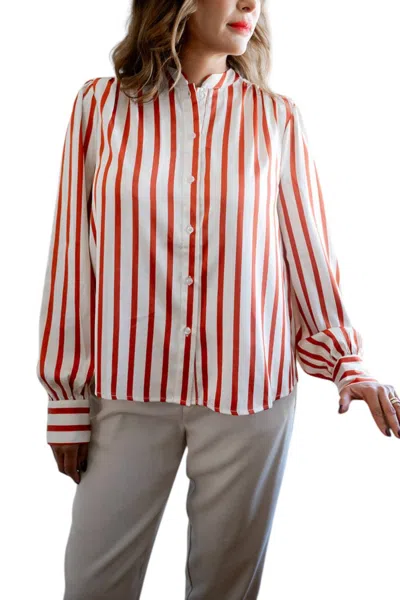 Fate Long Sleeve Button Down Shirt In Cream And Rust Stripe In Red