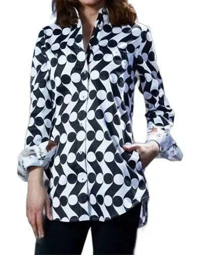 Dizzy Lizzie Jackson Hole Tunic Boyfriend Shirt In Black And White Op Art Dots In Blue