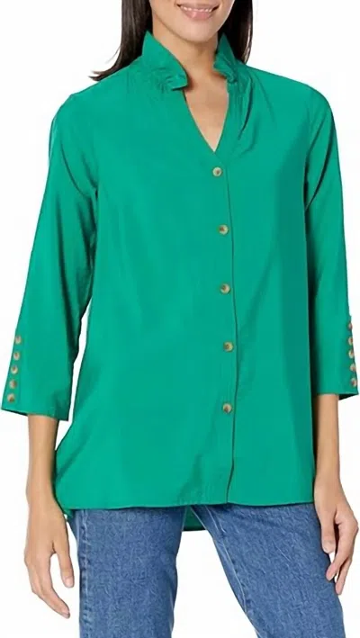 Multiples Y-neck Crinkle Woven Blouse In Emerald Green In Green