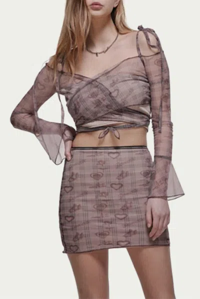 Zemeta Cupid Heart-print Sheer Mesh Cropped Wrap Top In Taupe In Gray